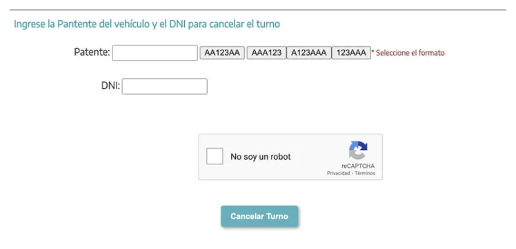 Pantalla para cancelar el turno de la VTV en San Vicente con patente y DNI